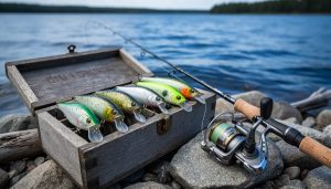 Crankbaits laid out on a tackle box beside a fishing rod on a Canadian lake shore, with blue water softly blurred in the background.