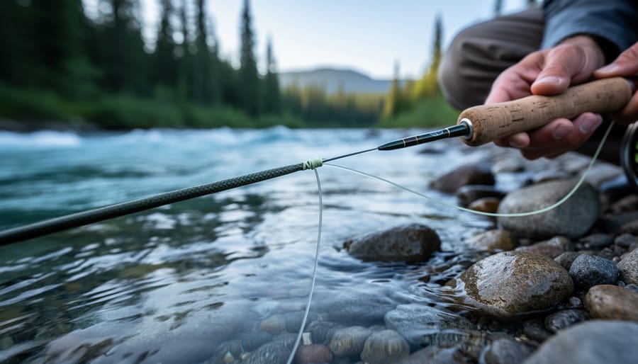 Fly fishing gear laid out on a dock with an angler’s hands near the leader and fly line connection.