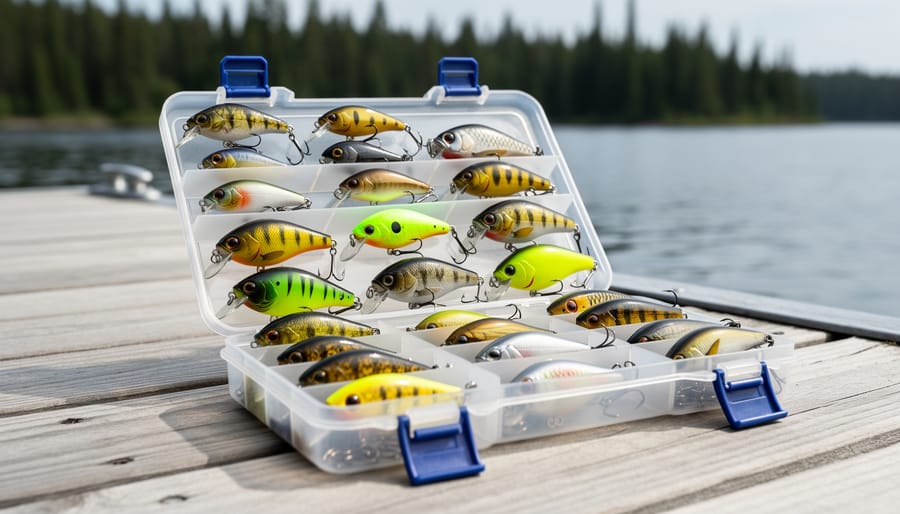 Tackle box open on a wooden dock with several crankbaits laid out, representing different types anglers use.