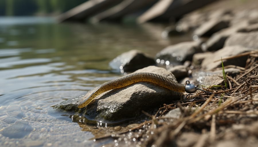 Slider worm lure on simple rig near dock piling and rocky shoreline