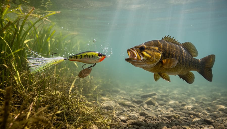Chatterbait bladed jig with trailer near submerged vegetation edge