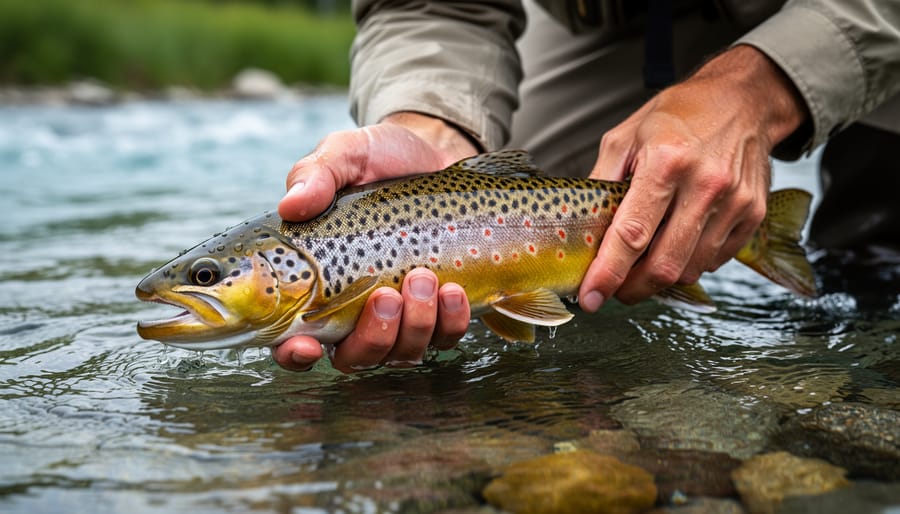 A brown trout resting in shallow river current beside a net during fly fishing.