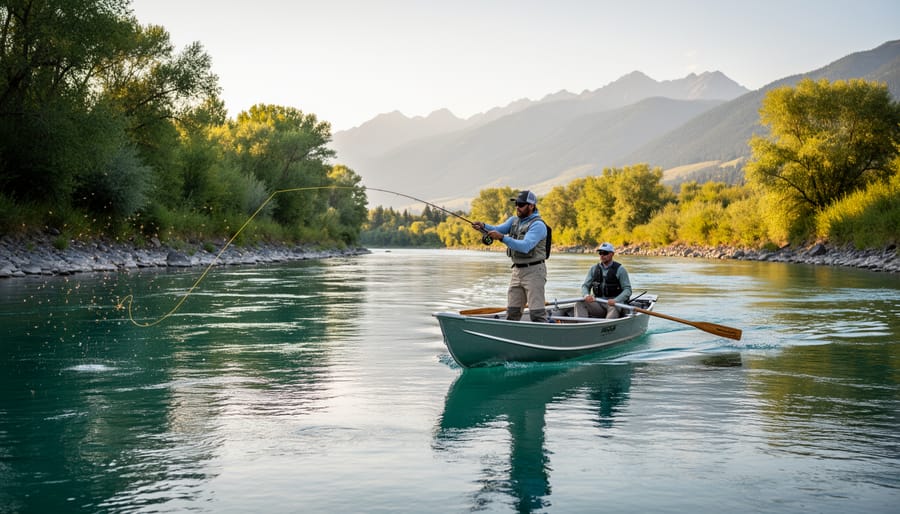 A drift boat on the Bow River with an angler casting while mountains and river riffles fill the background.