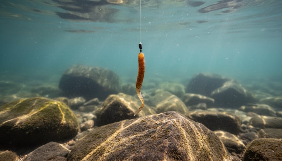 Drop shot worm suspended above rocky bottom in clear water