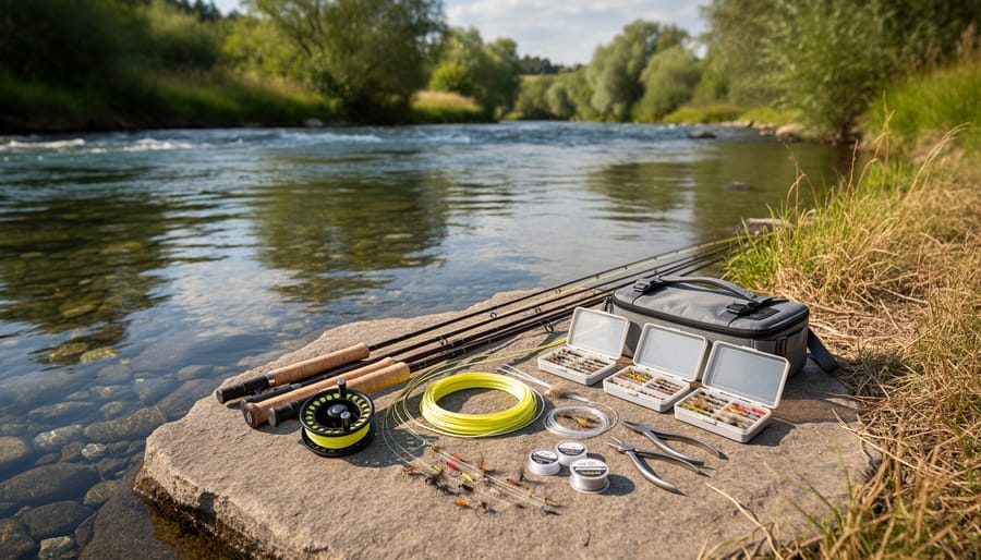 Fly fishing line components and tools laid out neatly beside a reel on a riverside surface