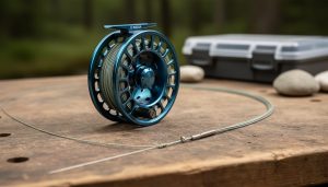 Close-up of a fly fishing reel with the fly line laid out neatly through the leader and tippet connections on a wooden bench.