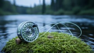 Close-up of a fly fishing reel with fly line and extended leader and tippet beside a dry fly on streamside grass in a northern Ontario creek.