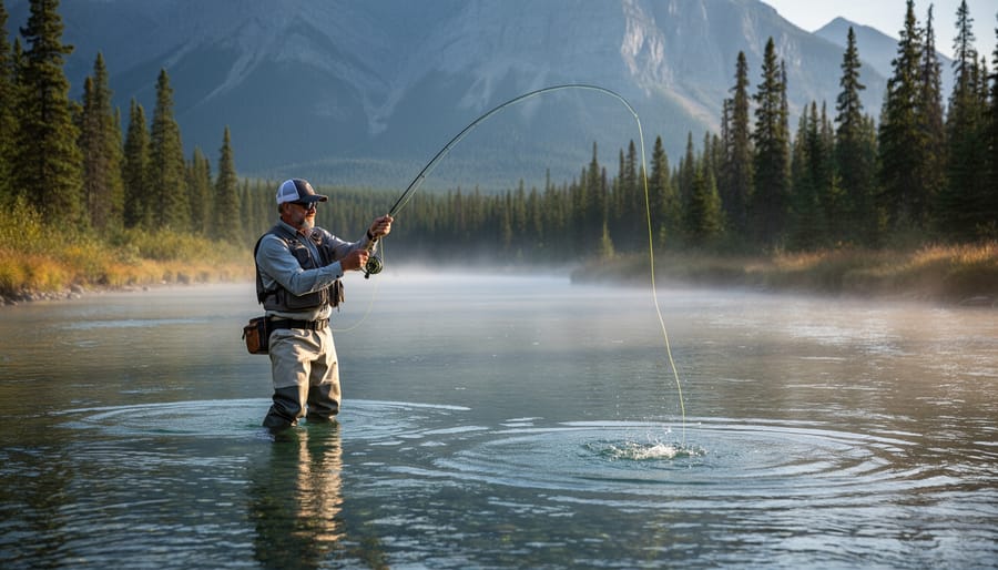 Fly fisher in chest waders casting on a clear Canadian river at golden hour