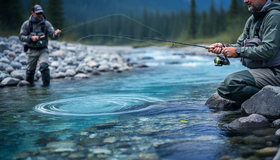 Two anglers casting in a clear Canadian trout stream—one using a fly rod and one using a spinning rod near rocky riverbank currents.