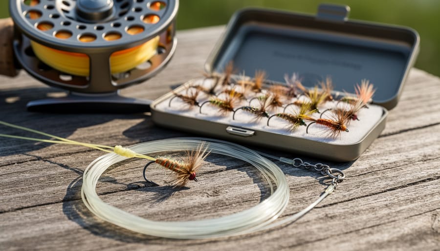 Close-up of fly fishing fly box with leader and tippet components on a wooden tackle bench