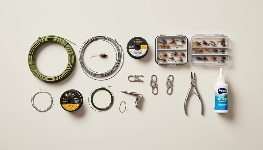 Fly reel with braided backing, weight-forward fly line, and leader materials arranged on a table