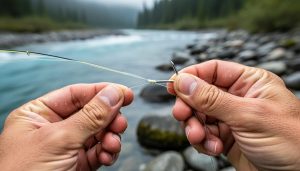 Close-up of hands tying a nail knot to connect a fly line to a leader on a Canadian riverbank with blurred water in the background.