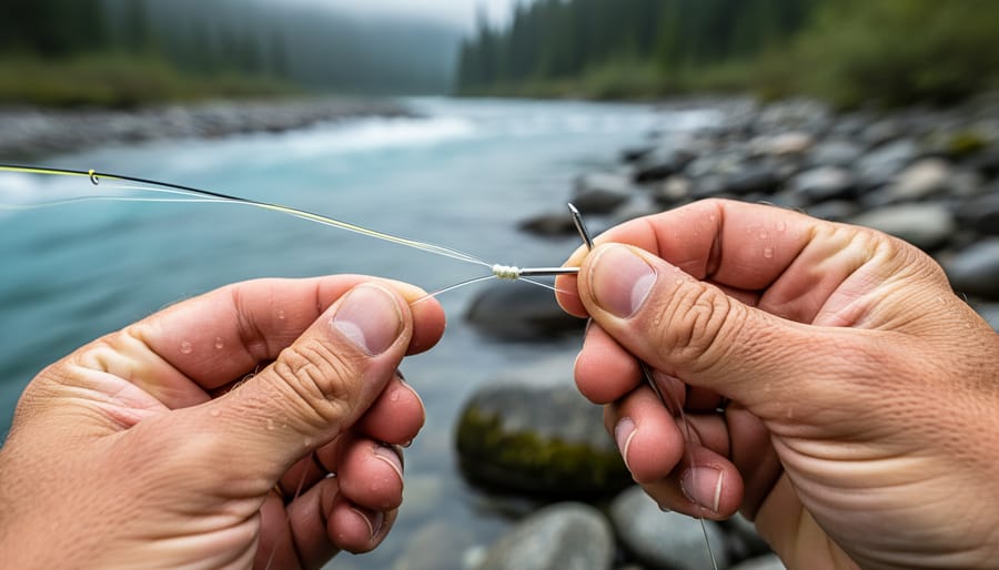 Close-up of hands tying a nail knot to connect a fly line to a leader on a Canadian riverbank with blurred water in the background.