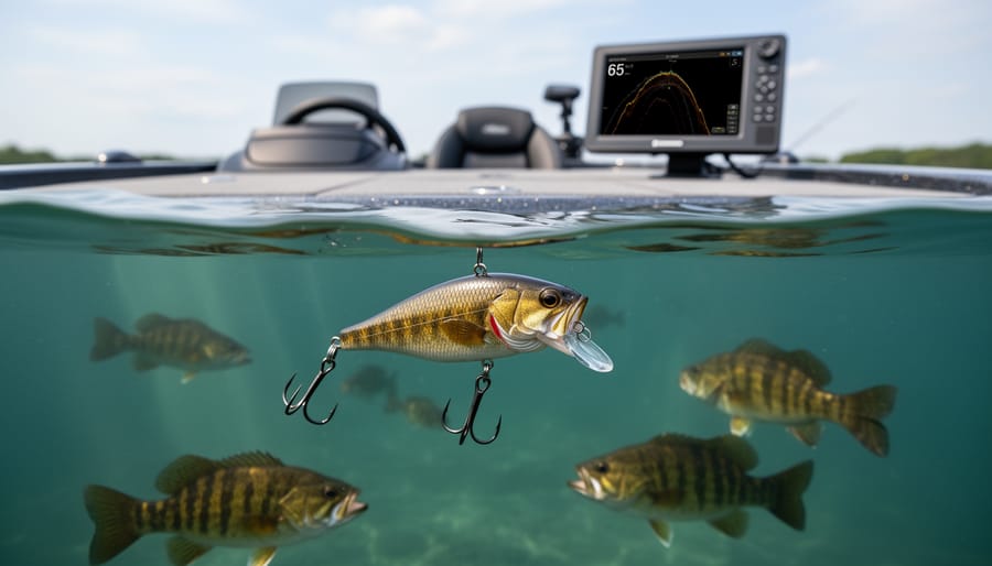 Angler fishing a forward-facing sonar minnow lure in clear water with boat electronics in background