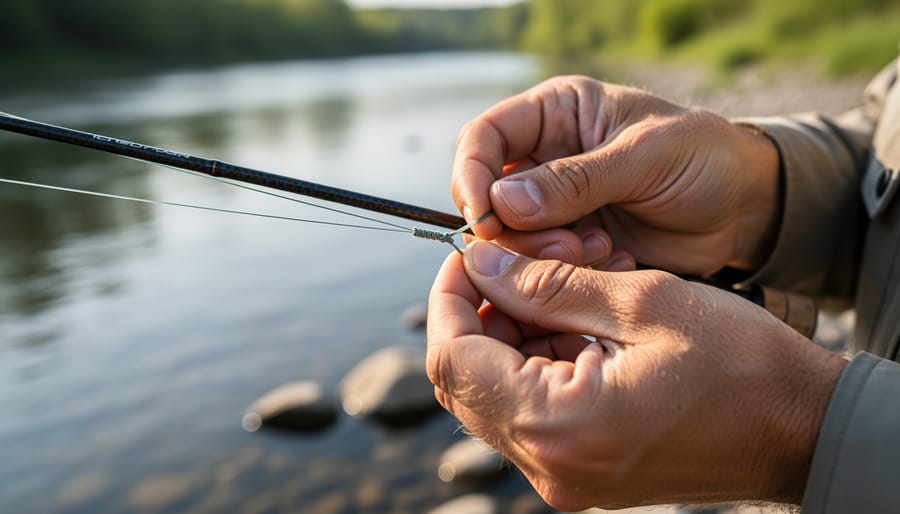 Close-up of hands connecting fly leader to the fly line tip