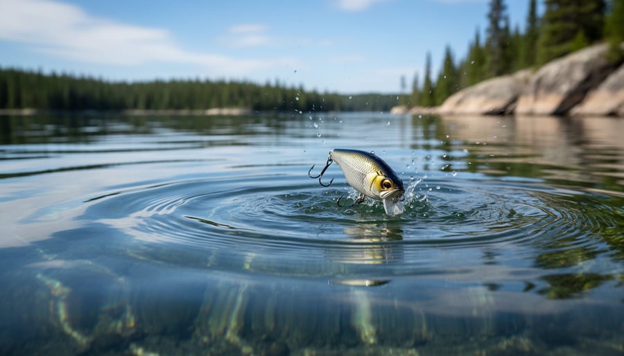 Close-up of a lipless crankbait creating ripples and a small splash near the water surface.