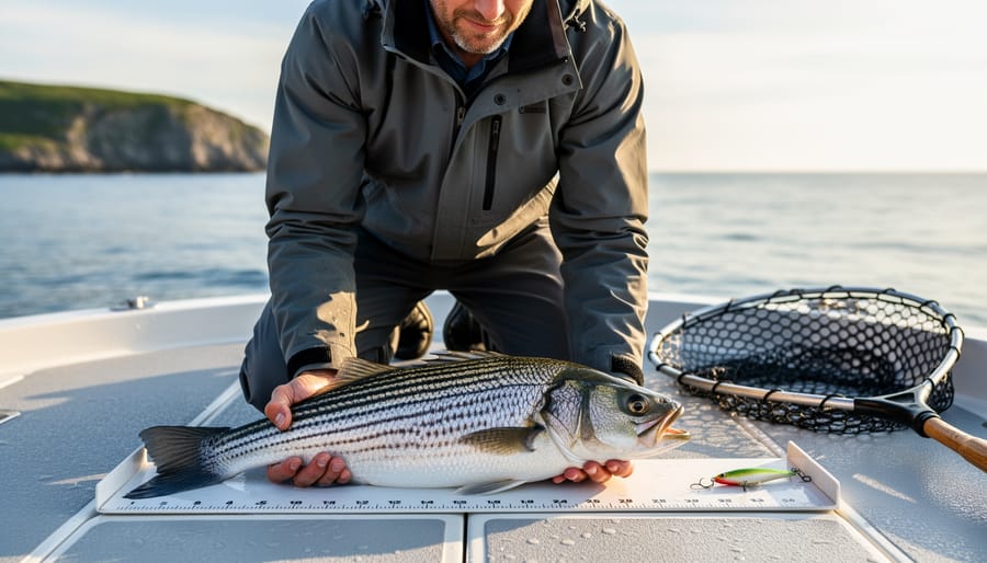 Hands measuring a striped bass gently on a boat deck with the ocean blurred in the background