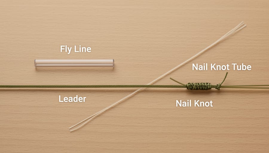 Close-up of fly line, monofilament leader, a hollow tube, and lubricant on a work surface for tying a nail knot.