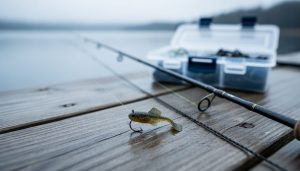 Close-up of a Ned rig—small soft plastic on a mushroom-head jig—on a fishing dock with light spinning tackle in the background.