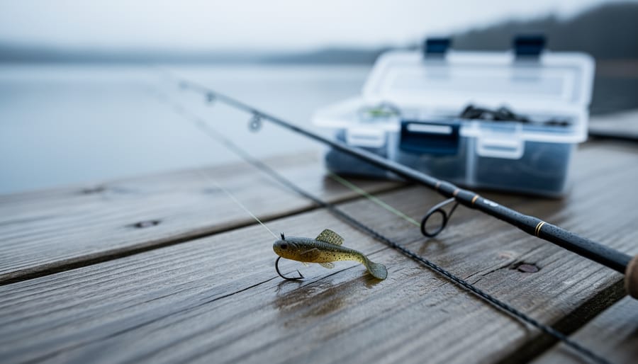 Close-up of a Ned rig—small soft plastic on a mushroom-head jig—on a fishing dock with light spinning tackle in the background.
