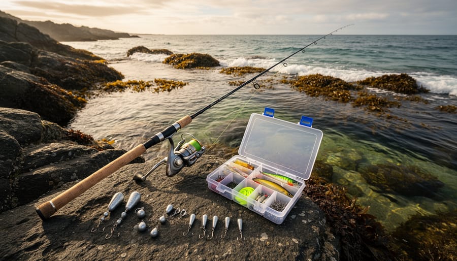 Ned rig jig and fishing gear laid out on a wet glove near rocky shoreline stones