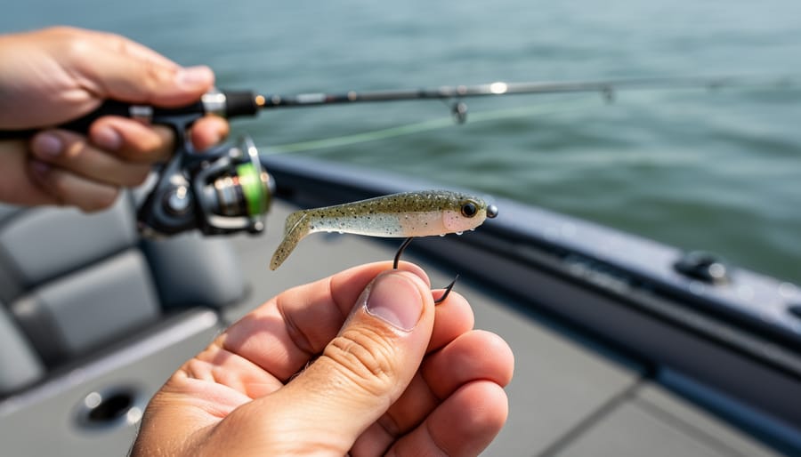 Close-up of a fisher’s hands rigging a mushroom-head Ned rig jig with a small soft plastic