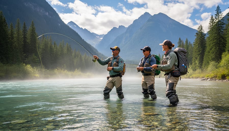 Guide and student fly-fishing on a remote mountain river in British Columbia with golden light on the water