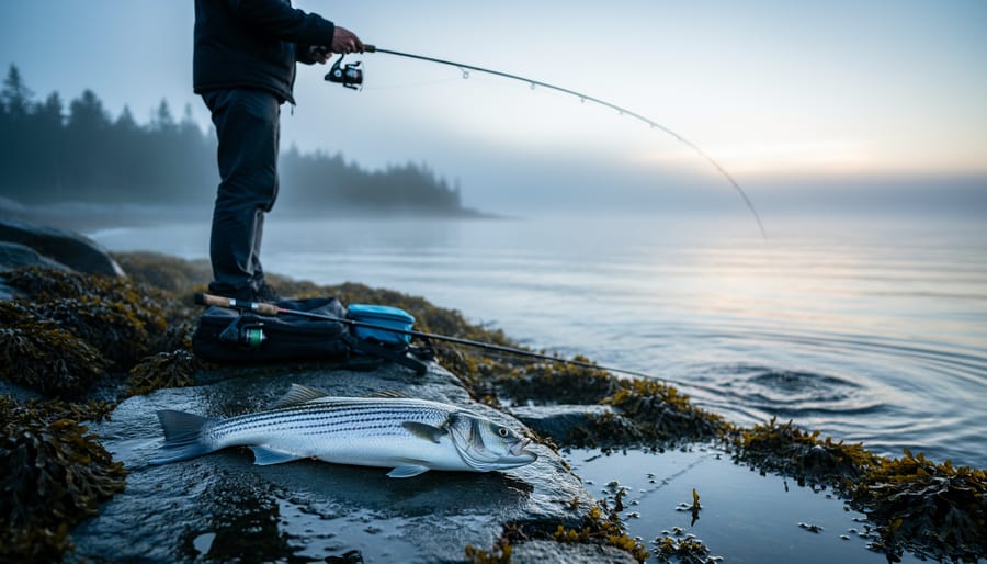 Angler fishing at dawn from a Nova Scotia tidal shoreline, with a striped bass on wet rocks beside a spinning rod near an estuary