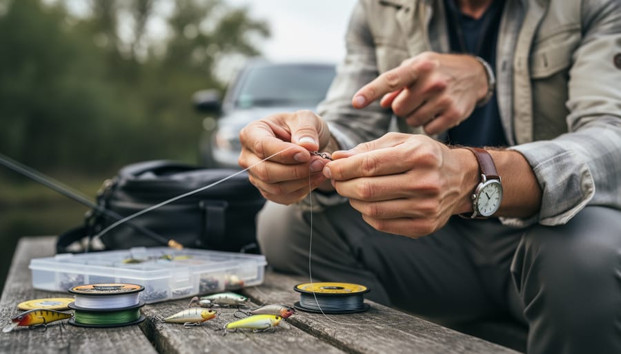 Beginner angler practicing knot tying with fly line and leader near a riverbank picnic table.