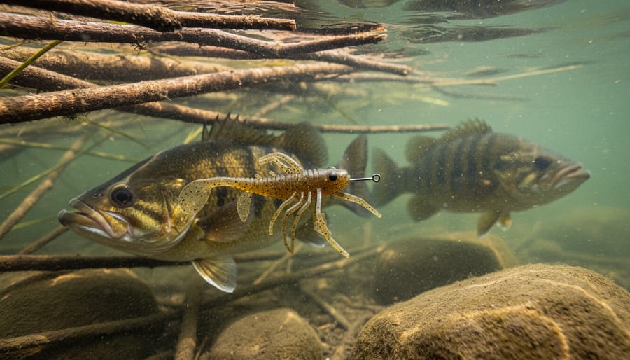 Creature bait lure near rocky and weedy heavy cover for smallmouth fishing