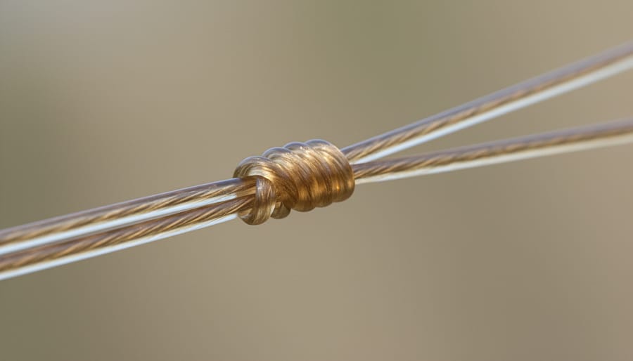 Close-up of a neatly tightened nail knot connection between fly line and leader.