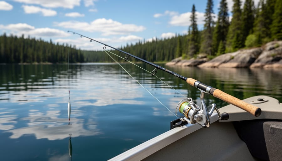 Conventional spinning angler casting from shore on a Canadian lake with lure and taut line