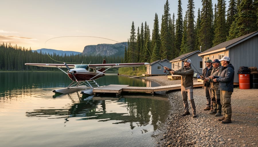 Fly-in outpost shore with a seaplane on a remote Canadian lake and fly fishing gear on the beach