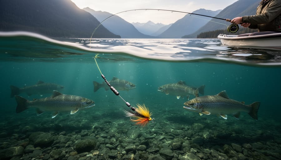 Angler’s line trailing into deeper dark green lake water near a shoreline at golden hour