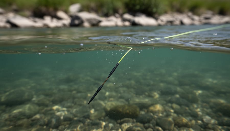 Close-up of a fly line spool and sink tip line connected to a streamer leader on wet river stones