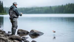 Angler holding a fly rod while a sinking-tip streamer is positioned over underwater rocks in a clear Canadian lake.