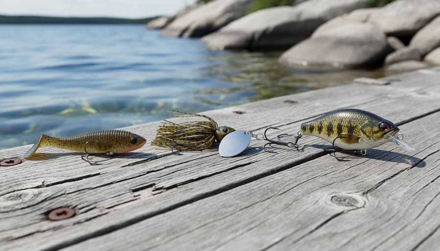 Three smallmouth bass lures arranged on a wooden dock beside rocky Canadian shoreline water.