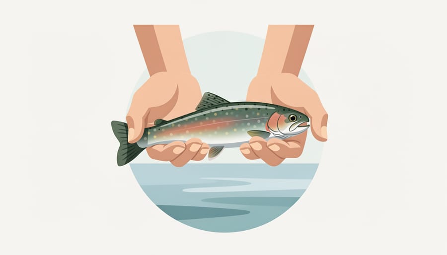 Rainbow trout held gently in an angler’s hands with a fly visible near its mouth