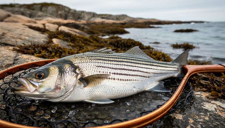 Striped bass in a landing net on a wet rocky shoreline in Nova Scotia