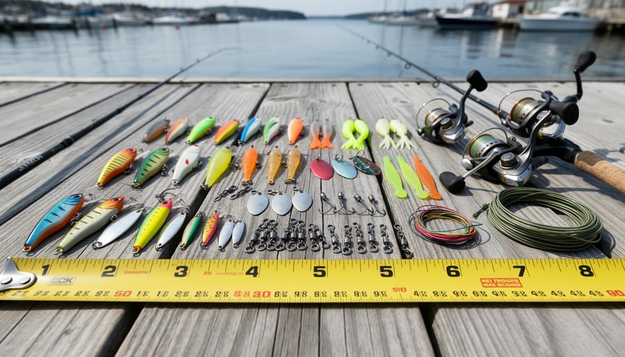 Tackle and lures arranged on a dock near a fishing rod and tape measure