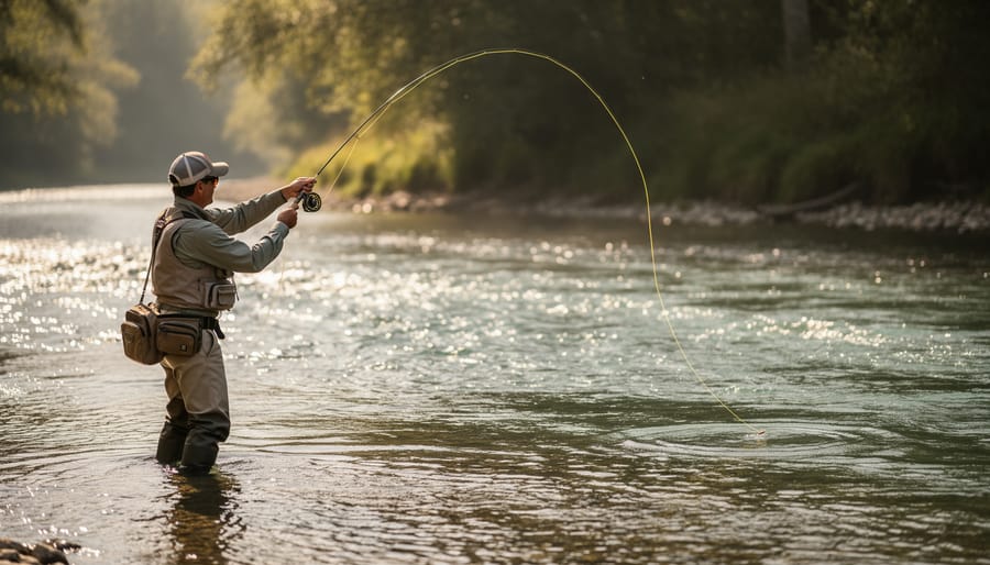 Fly fisher casting a fly over a Canadian river with sunlight reflecting on the water