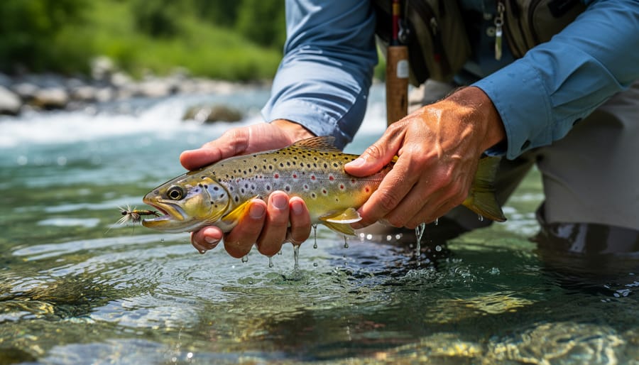Trout held gently in a rubber-mesh net during a fly fishing release