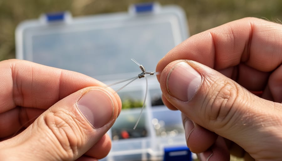 Close-up of hands tying a fly line to a tapered leader using a knot tool