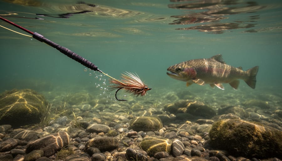 Underwater view of a streamer fly positioned just below the water surface with a sink tip line descending in clear river water