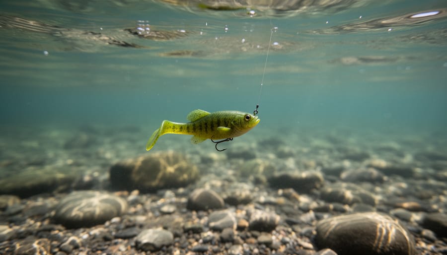 Macro close-up of a Z-Man Finesse TRD ned rig lure over clear rocky water