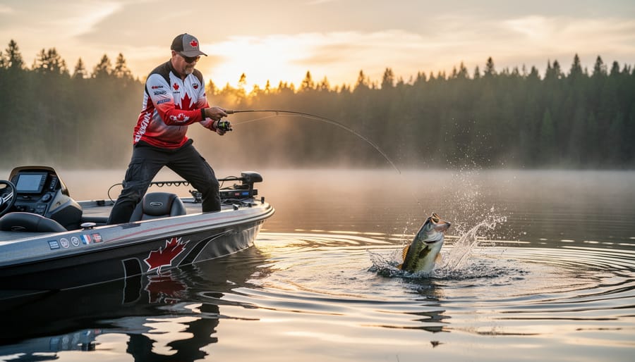 Canadian angler in a bass boat at sunrise holding a fishing rod while a largemouth bass splashes near the boat.