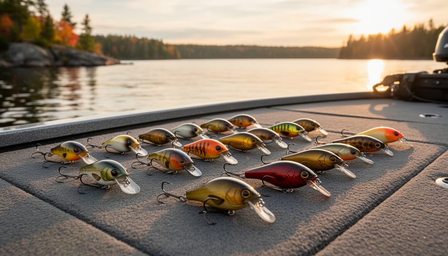 Fishing lures and landing mat on a rocky lakeshore in autumn light with space for a bass catch