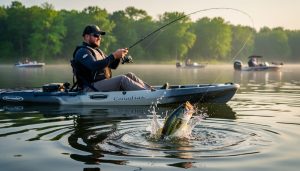 Sunrise kayak angler fishing on a calm lake as bass break the surface near the line, with softly blurred trees and distant boats in the background.