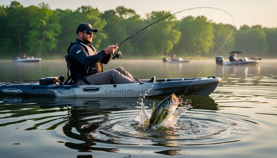Sunrise kayak angler fishing on a calm lake as bass break the surface near the line, with softly blurred trees and distant boats in the background.