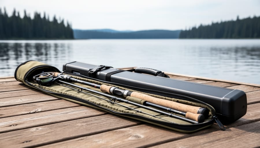 Fishing rod case on a wooden dock with a soft padded case and a hard-shell case near partially visible fishing rods, with a Canadian lake background.